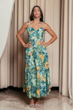 Φόρεμα midi με floral print και επίπεδα πράσινο
