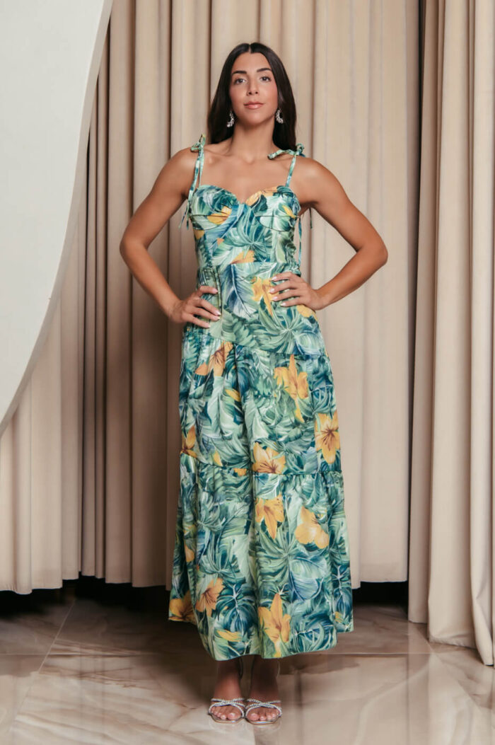 Φόρεμα midi με floral print και επίπεδα πράσινο