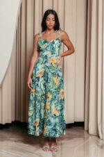 Φόρεμα midi με floral print και επίπεδα πράσινο