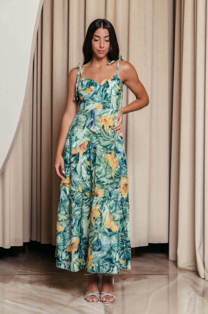 Φόρεμα midi με floral print και επίπεδα πράσινο