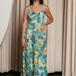 Φόρεμα midi με floral print και επίπεδα πράσινο