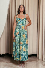 Φόρεμα midi με floral print και επίπεδα πράσινο