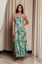 Φόρεμα midi με floral print και επίπεδα πράσινο