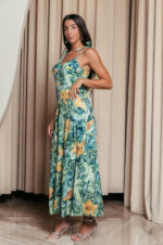 Φόρεμα midi με floral print και επίπεδα πράσινο