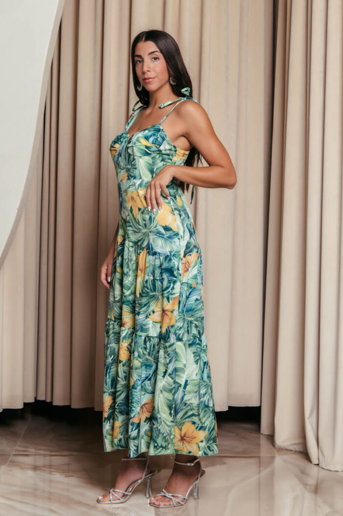 Φόρεμα midi με floral print και επίπεδα πράσινο