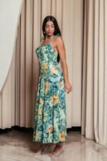 Φόρεμα midi με floral print και επίπεδα πράσινο