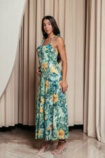 Φόρεμα midi με floral print και επίπεδα πράσινο