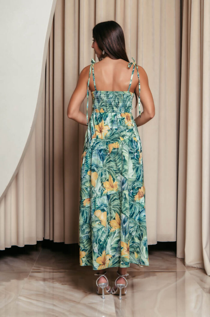 Φόρεμα midi με floral print και επίπεδα πράσινο