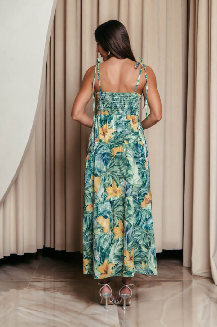 Φόρεμα midi με floral print και επίπεδα πράσινο