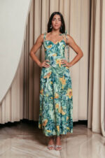 Φόρεμα midi με floral print και επίπεδα πράσινο