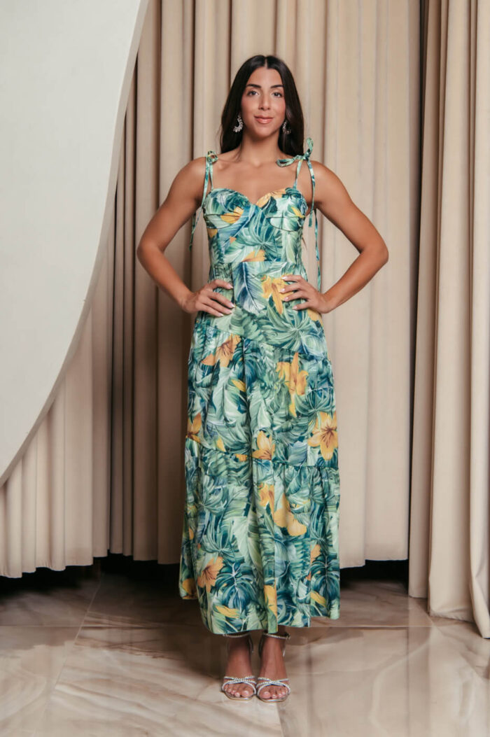 Φόρεμα midi με floral print και επίπεδα πράσινο