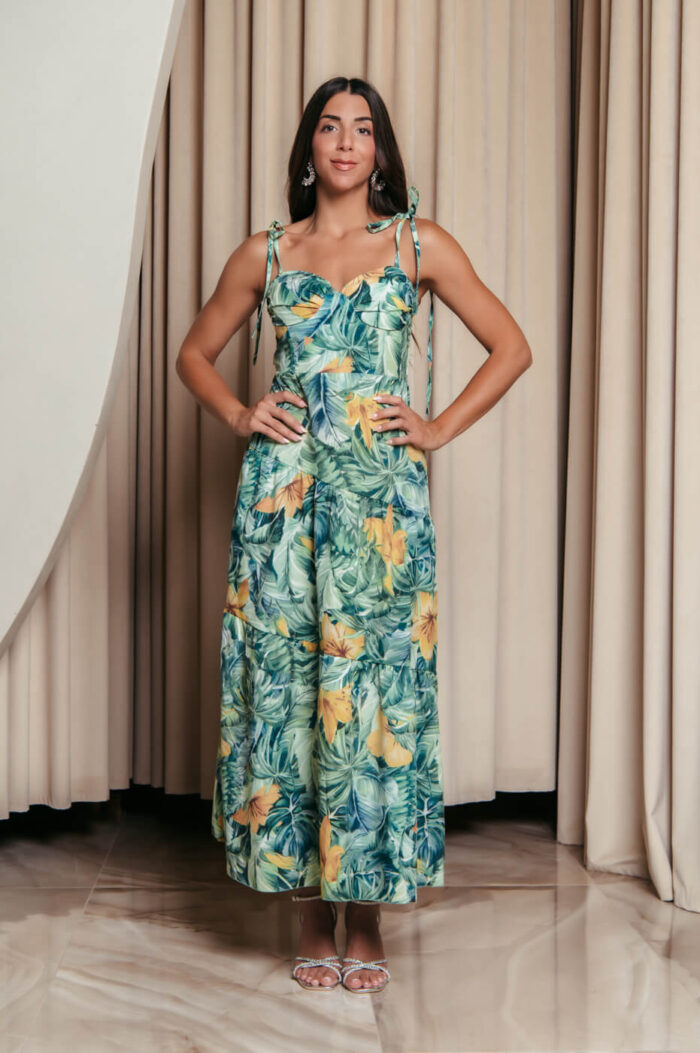 Φόρεμα midi με floral print και επίπεδα πράσινο