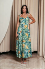 Φόρεμα midi με floral print και επίπεδα πράσινο