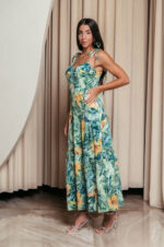 Φόρεμα midi με floral print και επίπεδα πράσινο