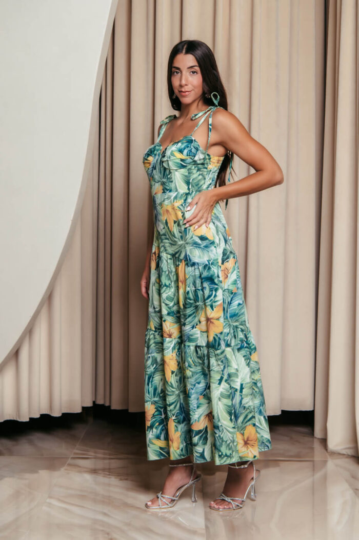 Φόρεμα midi με floral print και επίπεδα πράσινο