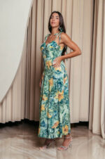Φόρεμα midi με floral print και επίπεδα πράσινο