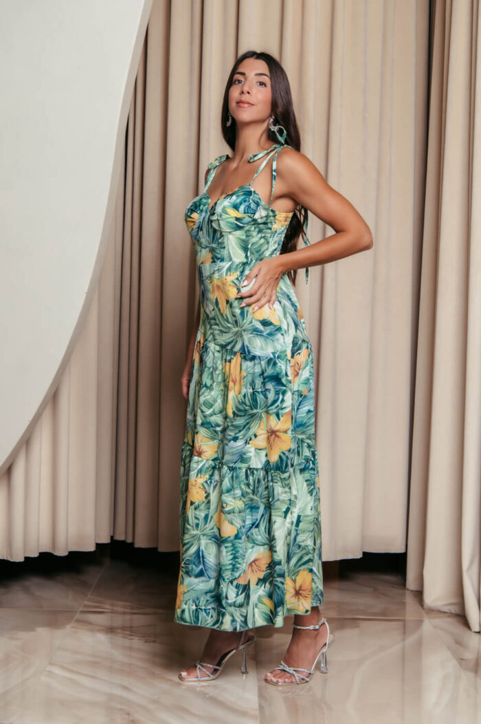 Φόρεμα midi με floral print και επίπεδα πράσινο