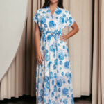 Φόρεμα maxi με μπλε floral print και ανάγλυφες λεπτομέρειες λευκό