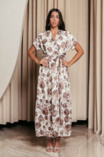 Φόρεμα maxi με καφέ floral print και ανάγλυφες λεπτομέρειες λευκό
