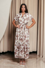 Φόρεμα maxi με καφέ floral print και ανάγλυφες λεπτομέρειες λευκό