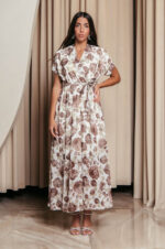 Φόρεμα maxi με καφέ floral print και ανάγλυφες λεπτομέρειες λευκό