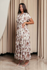 Φόρεμα maxi με καφέ floral print και ανάγλυφες λεπτομέρειες λευκό