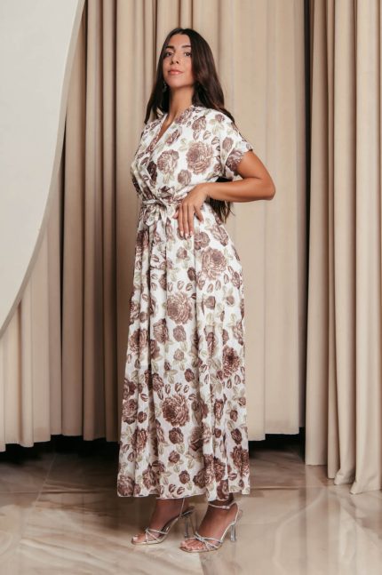 Φόρεμα maxi με καφέ floral print και ανάγλυφες λεπτομέρειες λευκό