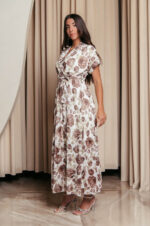 Φόρεμα maxi με καφέ floral print και ανάγλυφες λεπτομέρειες λευκό