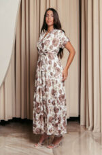 Φόρεμα maxi με καφέ floral print και ανάγλυφες λεπτομέρειες λευκό - Image 8