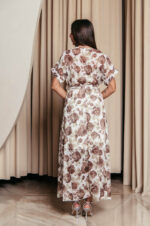 Φόρεμα maxi με καφέ floral print και ανάγλυφες λεπτομέρειες λευκό