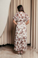 Φόρεμα maxi με καφέ floral print και ανάγλυφες λεπτομέρειες λευκό