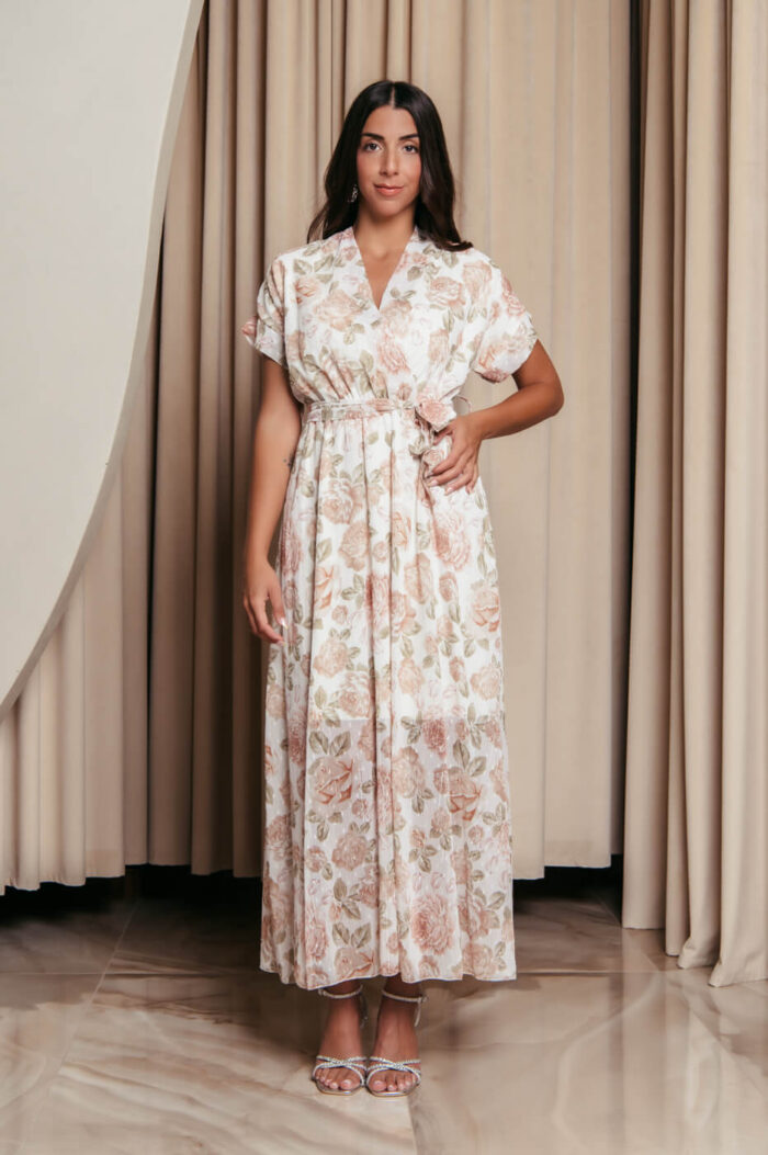 Φόρεμα maxi με ροζ floral print και ανάγλυφες λεπτομέρειες λευκό - Image 4