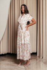 Φόρεμα maxi με ροζ floral print και ανάγλυφες λεπτομέρειες λευκό
