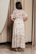 Φόρεμα maxi με ροζ floral print και ανάγλυφες λεπτομέρειες λευκό