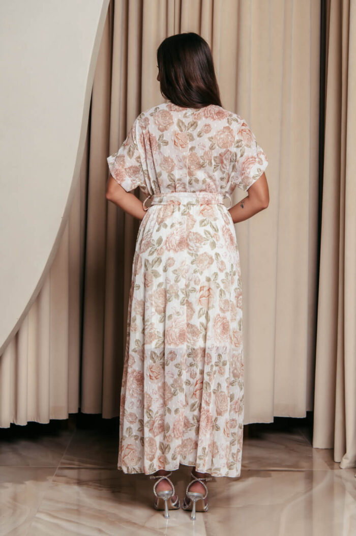 Φόρεμα maxi με ροζ floral print και ανάγλυφες λεπτομέρειες λευκό