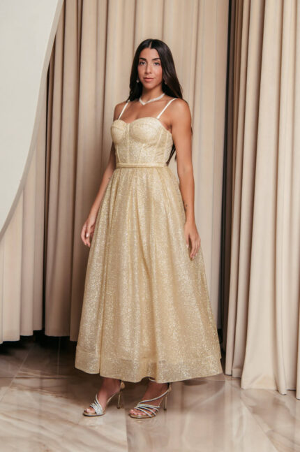 Φόρεμα midi με τρισδιάστατο γκλίτερ και ραμμένη ζώνη χρυσό
