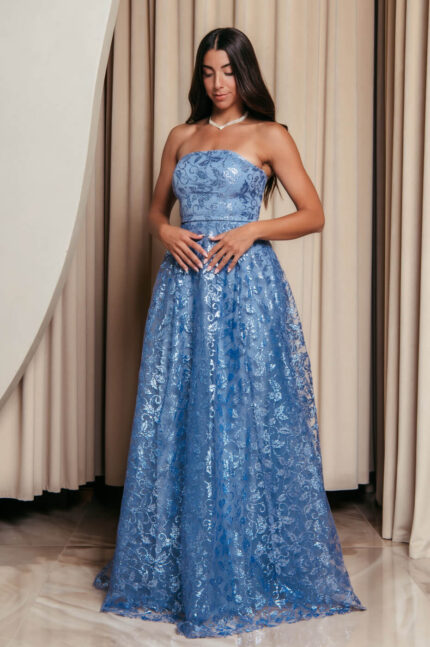 Φόρεμα maxi με τρισδιάστατο γκλίτερ και κεντημένα σχέδια μπλε