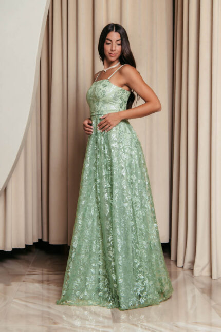 Φόρεμα maxi με τρισδιάστατο γκλίτερ και κεντημένα σχέδια πράσινο