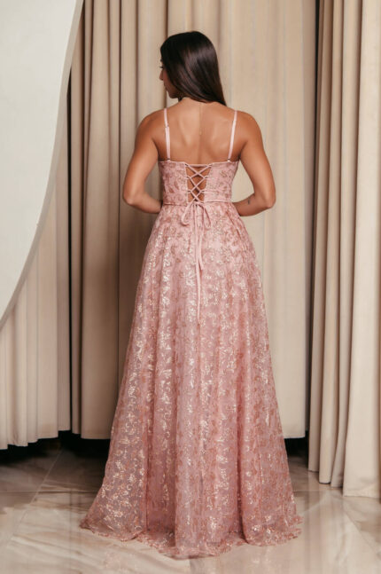 Φόρεμα maxi με τρισδιάστατο γκλίτερ και κεντημένα σχέδια ροζ