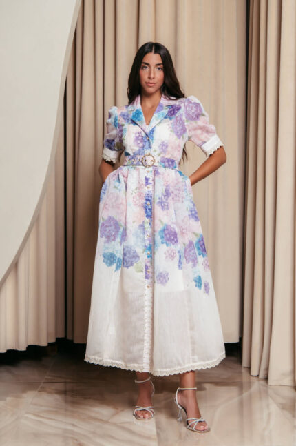 Φόρεμα maxi με floral print τρουκς και δαντελένιες λεπτομέρειες εκρού