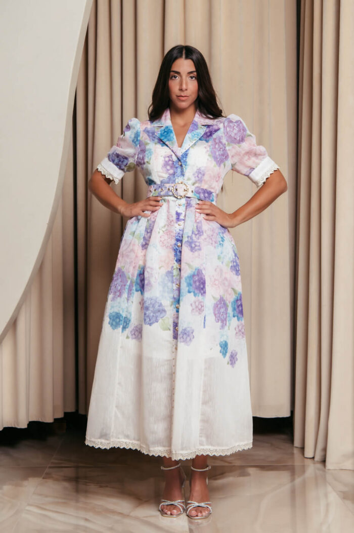Φόρεμα maxi με floral print τρουκς και δαντελένιες λεπτομέρειες εκρού