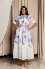 Φόρεμα maxi με floral print τρουκς και δαντελένιες λεπτομέρειες εκρού