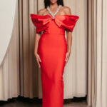 Φόρεμα maxi bandage με φιόγκο μανίκια διακοσμημένο με κρυστάλλους κόκκινο