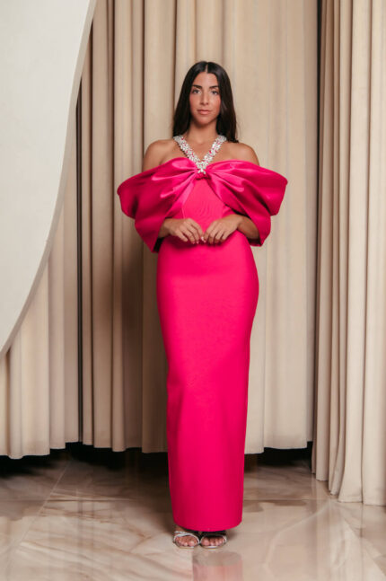 Φόρεμα maxi bandage με φιόγκο μανίκια διακοσμημένο με κρυστάλλους φουξ