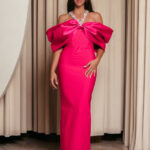 Φόρεμα maxi bandage με φιόγκο μανίκια διακοσμημένο με κρυστάλλους φουξ