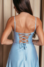 Φόρεμα maxi σατέν στράπλες με σκίσιμο baby blue