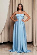 Φόρεμα maxi σατέν στράπλες με σκίσιμο baby blue