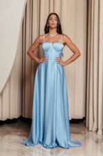 Φόρεμα maxi σατέν στράπλες με σκίσιμο baby blue