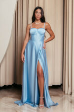 Φόρεμα maxi σατέν στράπλες με σκίσιμο baby blue