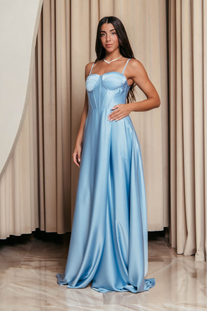Φόρεμα maxi σατέν στράπλες με σκίσιμο baby blue